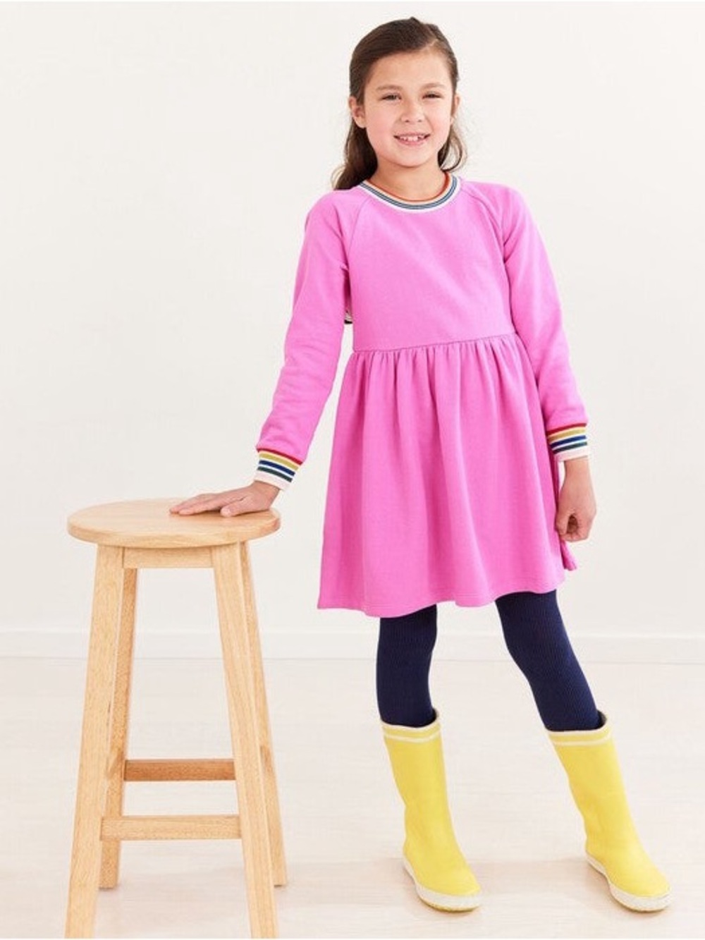 Hanna Andersson Pink Long Sleeve Dress with Rainbow Cuffs Girls Size 6-7 Cute